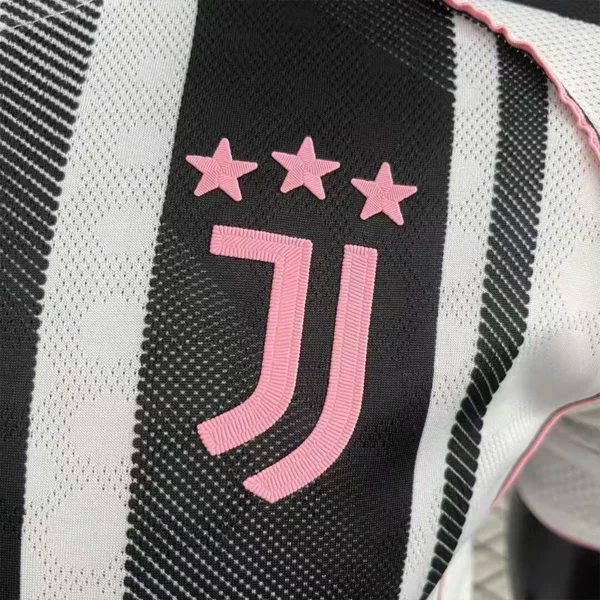 juventus-pink-crest-three-stars-detail 2026 Juventus Style Home Soccer Jersey - Modern Black & White Striped Kit - Pink Elite Edition Customizable Teamwear