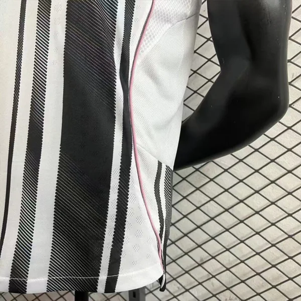 soccer-jersey-pink-piping-detail 2026 Juventus Style Home Soccer Jersey - Modern Black & White Striped Kit - Pink Elite Edition Customizable Teamwear